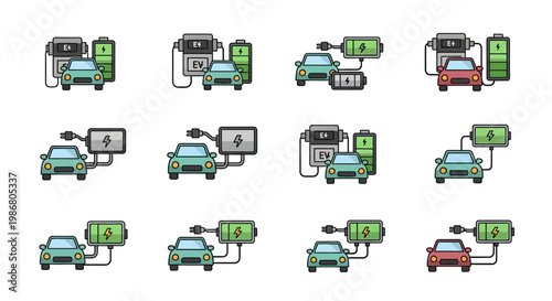 Electric cars charging at stations.