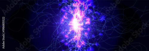 Neuron Firing Human Brain Neural Network Innovate Science Technology Background. Medical Neurology Bio Tech Scientific Research Banner Flash Glow Fractal. Blue AI Digital Net. Vector Illustration