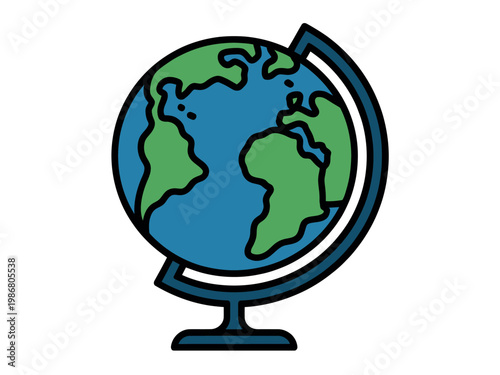 A colorful illustration of a globe on a stand against a white background