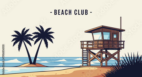 Vintage Beach Club vector illustration, retro lifeguard tower on tropical coast with palm trees, summer vacation surf resort poster design