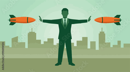 Businessman halting missiles, representing peace, safety, and global security.
