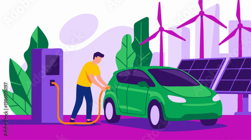 Man charging an electric car at a station powered by renewable energy