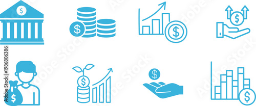 Finance icon set collection group featuring banking money investment budget accounting currency payment business economy tax profit savings credit wallet analytics modern vector design.