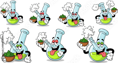 Cartoon bong character set with cannabis buds, funny glass water pipe mascot collection, 7 smoking bong vector illustrations for dispensary branding