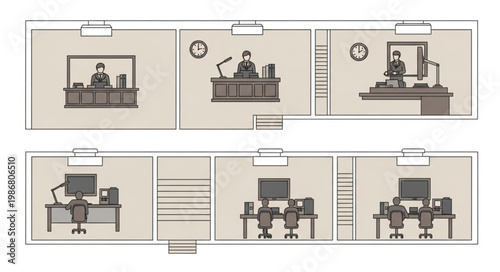 Office interior with people working at desks and computers.