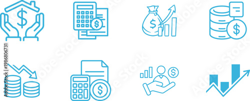 Finance icon set collection group featuring banking money investment budget accounting currency payment business economy tax profit savings credit wallet analytics modern vector design.