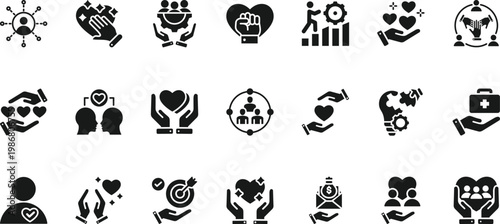volunteering icon set collection. pack contain help, aid, care, give, unity, service, support, action, humanity, kindness icon