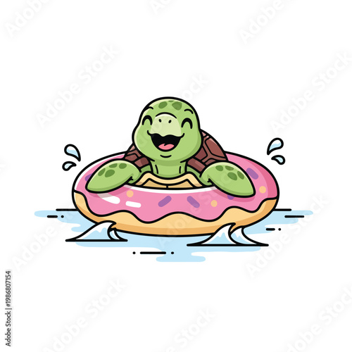 A cheerful cartoon turtle floats on a pink donut-shaped raft in water with a joyful expression on a white background.