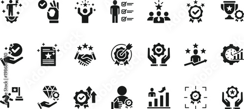Excellence icon set collection. Icon pack contains quality, perfection, achievement, success, mastery, skill, innovation, leadership, integrity, commitment, dedication, growth