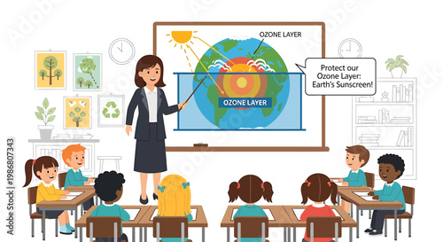 Teacher educating students about ozone layer and environmental protection in a classroom setting