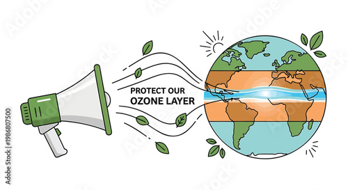 Vector illustration of megaphone protecting ozone layer with earth leaves and sunlight promoting environmental conservation and awareness
