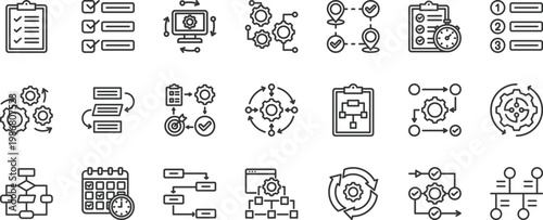 Workflow icon set collection. Icon pack contains workflow, process, task, step, action, sequence, order, system, cycle, automation