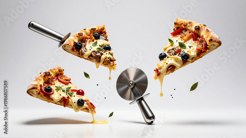 Delicious cheesy pizza slices flying with a pizza cutter in a studio setting