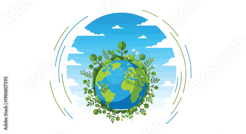 Earth surrounded by lush greenery and leaves with a blue sky background symbolizing eco friendly and environmental conservation
