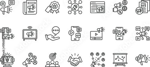 Advertising icon set collection. Icon pack contains advertising, branding, promotion, marketing, campaign, banner, poster, flyer, billboard, commercial