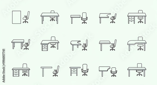 Collection of simple desk and chair icons for office or study.