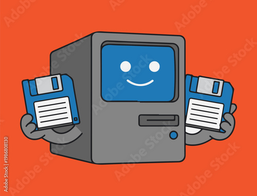 A smiling computer holds two floppy disks on orange background