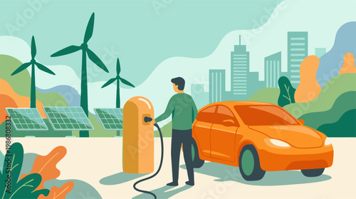 Man charging electric car with renewable energy from wind and solar power