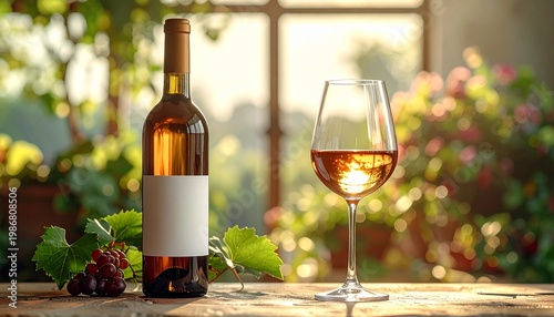Rosé Wine Elegance: A delicate bottle and a glass of rosé wine is gracefully illuminated by soft light. The composition evokes sophistication, and a sense of refinement.