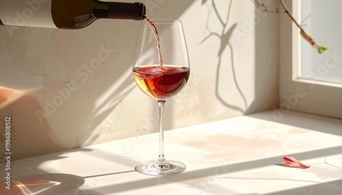 Wine Pour: Capturing the elegance of pouring red wine into a crystal glass with natural light.