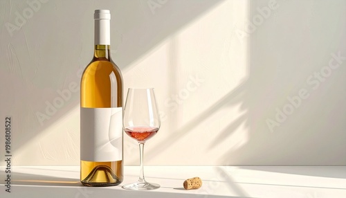 A Toast to Elegance: A single, exquisitely styled bottle of fine wine and a delicate glass, presented with understated sophistication, celebrating the simple pleasures of refined taste.