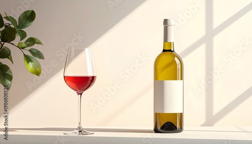 Elegant Wine Still Life: A visually stunning composition featuring a bottle and a glass filled with wine, elegantly arranged. bathed in natural light with a touch of greenery.