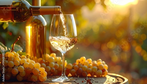 Wine Pour: Wine is poured into a glass, grapes on table with a wine bottle in the garden