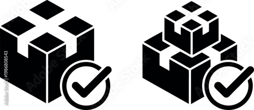 Two isometric boxes with checkmarks indicating successful delivery and stacking