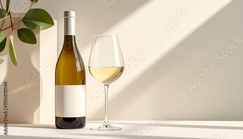 Wine and Sunlight Serenity: A delicate interplay of light and shadow highlights a pristine bottle and a filled glass, capturing the essence of elegance.