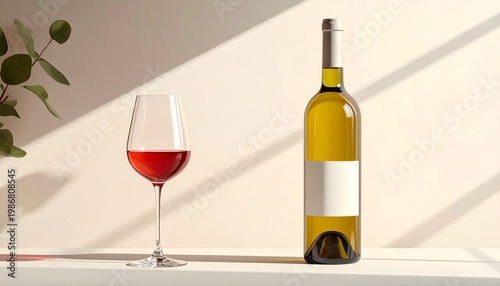 Exquisite Wine and Elegance: A stemmed glass of rich red wine next to a pristine bottle of fine wine, inviting indulgence and sophistication, creating a moment of pure sensory pleasure.