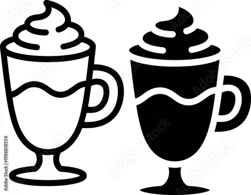 Two contrasting coffee drinks with whipped cream in stylized mugs