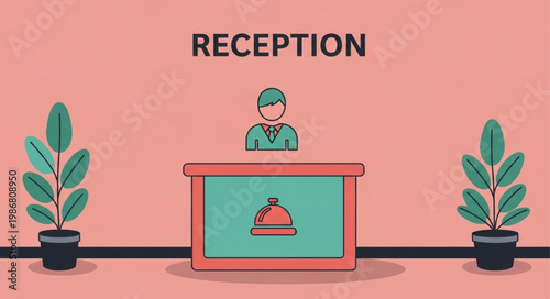 Hotel reception desk with attendant and plants.