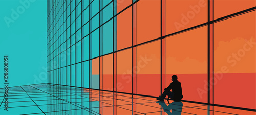 Silhouette of Person Sitting by Glass Building Facade