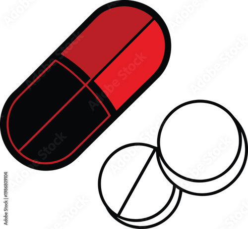 Vector illustration of red and black capsule and two white pills