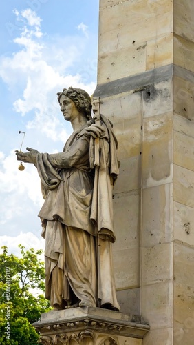 A stone statue stands beside a tall architectural structure