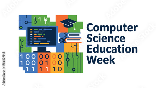 A colorful graphic illustration celebrating Computer Science Education Week with coding and education elements