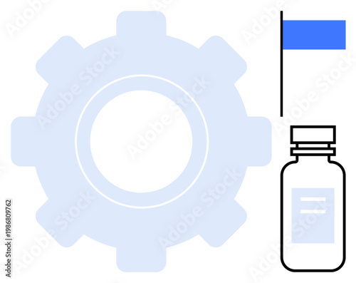 Healthcare innovation, manufacturing, biotechnology, industrial processes, pharmacology, medicine development. Large gear, blue flag and medicine bottle in a minimalistic design. Healthcare
