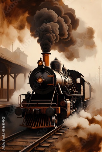 An antique black steam locomotive engine exhales thick smoke while traveling along a vintage railroad track through a dense forest, capturing the nostalgia of old rail transportation