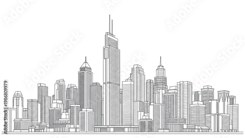 A black and white vector illustration of a city skyline with tall buildings and skyscrapers isolated on white background.