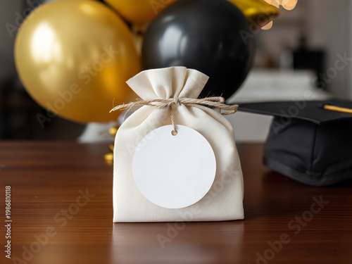 Graduation favor mockup with blank white round tag on canvas pouch bag. Background with gold and black balloons and graduation cap on wooden table
