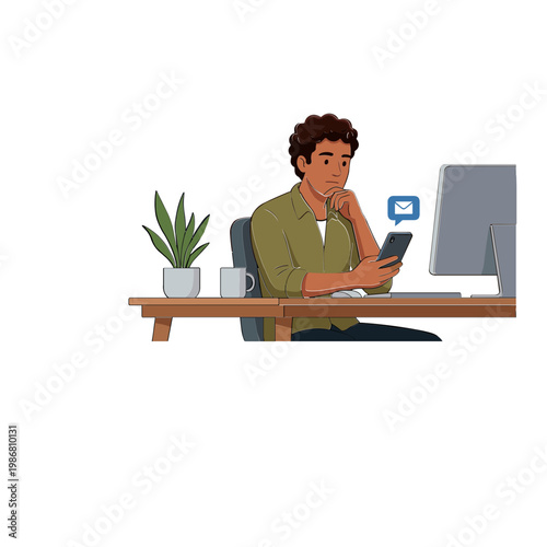 Man sitting at desk working on phone and computer