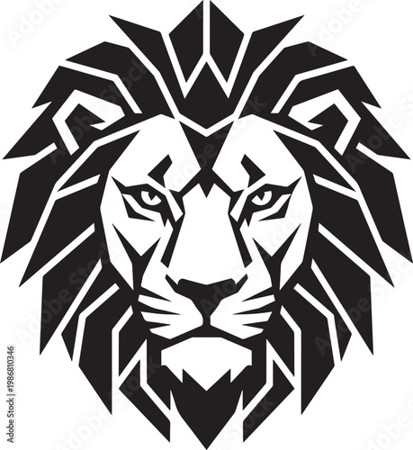 Stylized black and white lion head illustration with sharp geometric lines and a majestic mane.