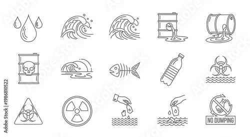 Ocean Pollution and Environmental Waste Line Icons