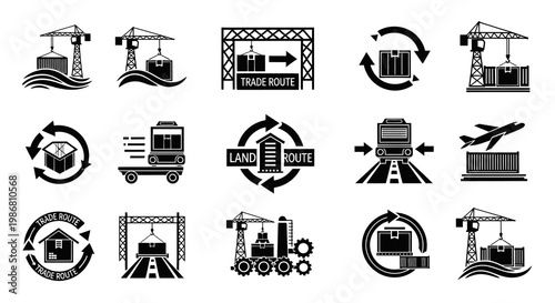 Global Logistics Trade and Shipping Route Icons