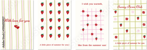 Summer postcard set with strawberries, flowers and cute patterns, aesthetic greeting cards with text for social media, print and invitations