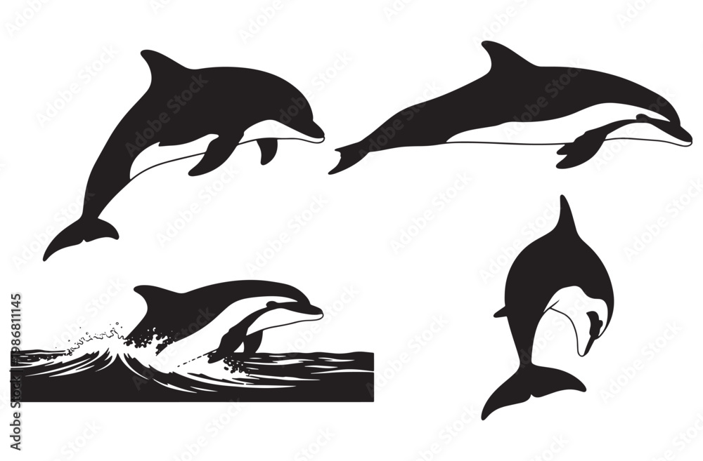 Obraz premium Dynamic black silhouette illustrations of dolphins leaping from water and swimming gracefully in ocean suggesting joy freedom and playful aquatic animal behavior