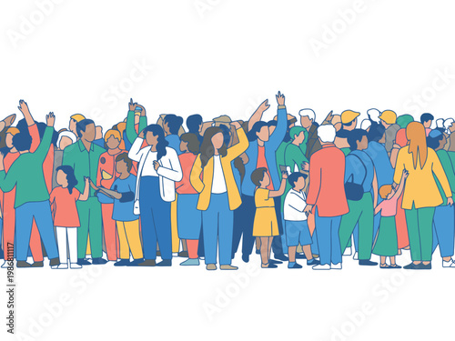 A diverse group of people standing together in a crowd, celebrating and cheering with raised arms and smiling faces.