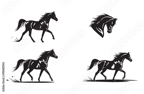 Elegant black silhouette illustrations of horses running and head portrait capturing motion and spirit perfect for equestrian art logos and athletic sports designs
