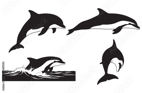 Dynamic black silhouette illustrations of dolphins leaping from water and swimming gracefully in ocean suggesting joy freedom and playful aquatic animal behavior