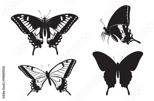 Four stylized black butterfly illustrations, two with intricate wing designs and two solid silhouettes, presented on a clear transparent backdrop